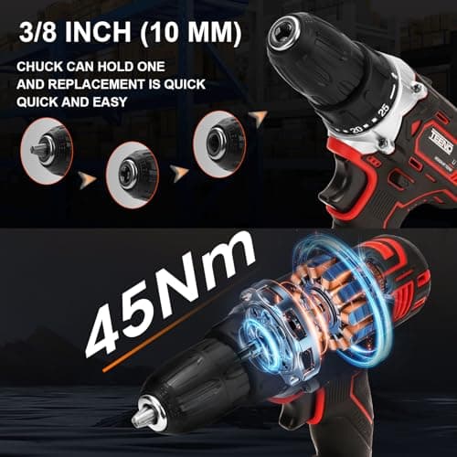 TEENO 21 V Cordless Drill for Makita Battery 2 x 2.0Ah Batteries, 45 Nm Cordless Screwdriver, 25 + 1 Torque Settings, 2 Speeds, LED, 46 Accessories and Suitcase, for Woodworking - Image 4