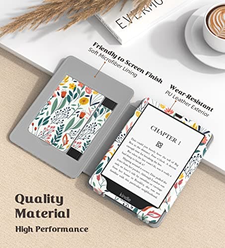 MoKo Étui Compatible avec 7"/6,8 Pouces Kindle Paperwhite(12e Gén. 2024/11e Gén. 2021), Coque de Protection avec Dragonne, Auto Réveil/Veille pour Kindle Paperwhite Édition Signature, Fleur - Image 5