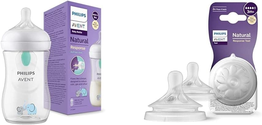 Philips AVENT Natural Response Bottle 260 ml with AirFree & Avent Valve Set of 2 Natural Response 0% BPA Free Bottle Teats for Babies 3 Months + (Model SCY964/02) - Image 1