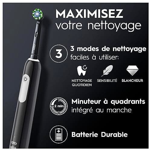 Oral-B Brosse A Dents Electrique Pro 1Noire, 3 Modes De Nettoyage 3D Dont Douceur, Brossage Avec Des Oscillo-Rotations Et Pulsations, 2 Brossettes De Rechange Rondes Oral B, Chargeur, Emballage Carton - Image 4