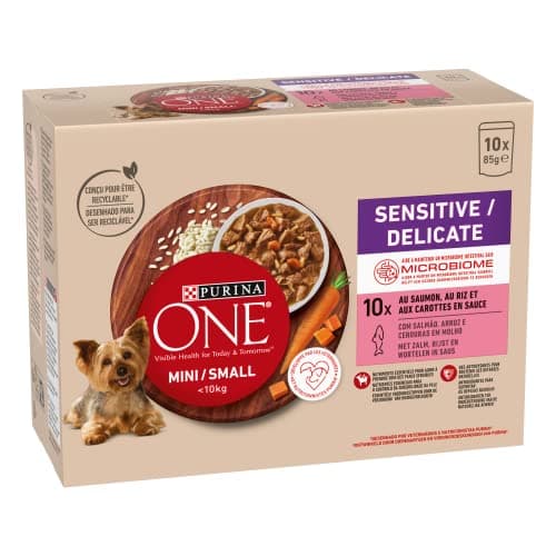 PURINA ONE Mini/S <10kg Sensitive/Delicate, Tapered Salmon, Rice and Carrot in Sauce for Small Adult Dogs| Sensitive Digestion Meal Bags 10x85g - Image 6