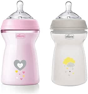 Chicco Natural Feeling Bottle, 6 Months and Up, 330 ml Anti-Colic Bottle, Pink, 2 Pieces