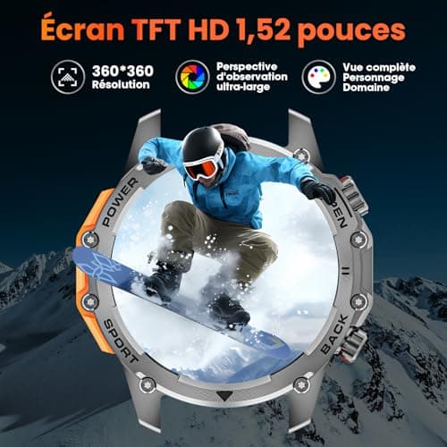 Montre Connectée Homme 1,52"HD Écran Smartwatch, 500 mAh Batterie et 120+ Modes Sportifs, Montre Connectée Militaire avec Fréquence Cardiaque/SpO2/Sommeil Moniteur et Lampe De Poche pour Android iOS - Image 3
