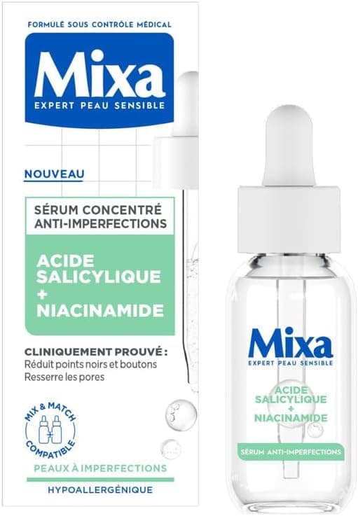 Mixa Sérum Concentré Anti-Imperfections, Sérum Visage avec Niacinamide et Acide Salicylique - Réduit Boutons, Points Noirs, Pores Resserrés, Convient aux Peaux Sensibles et à Imperfections, 30ml