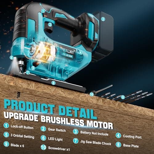 LIVOWALNY Cordless Jigsaw Compatible with Makita 18V, Variable Speed, 45° Bevel Cut, with 6 Blades - for Wood, Metal and Plastic (Battery Not Included) - Image 3