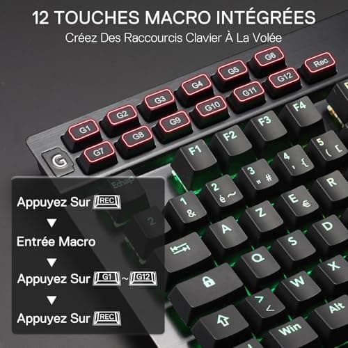 Redragon K550 RGB AZERTY Gaming Keyboard, 104 Keys + 12 Macro G Keys, Wired Mechanical Keyboard, Aluminium Top Plate, Purple Clickable Switch, 2 USB Ports, Wrist Rest, Black - Image 5