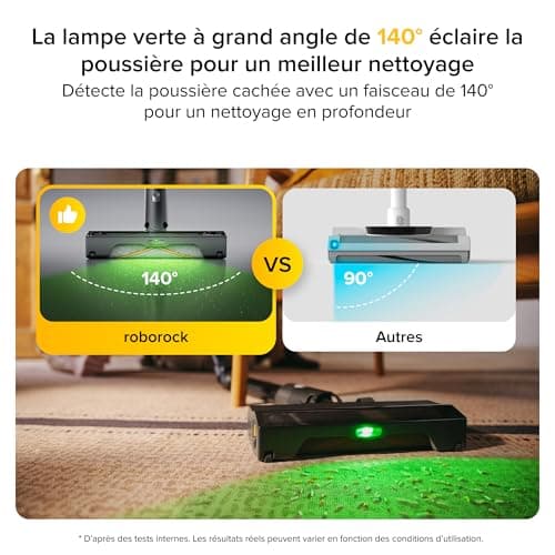 roborock H60 Ultra Aspirateur Balai sans Fil, 210AW, 90 Min d’Autonomie, Tube Pliable à 180°, Lumière Verte à 140°, Filtration 99,95%, Brosse Anti-Emmêlement pour Tapis, Sols Durs et Poils d’Animaux - Image 7