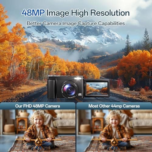 Appareil Photo Numérique 4K, Appareil Photo Compact 48MP 16X Digital Zoom à Écran Rabattable à 180° Avec Autofocus, Flash, Station de Charge, 2 Batteries, Carte 32 GB pour Débutants, Enfants, Vlogging - Image 4