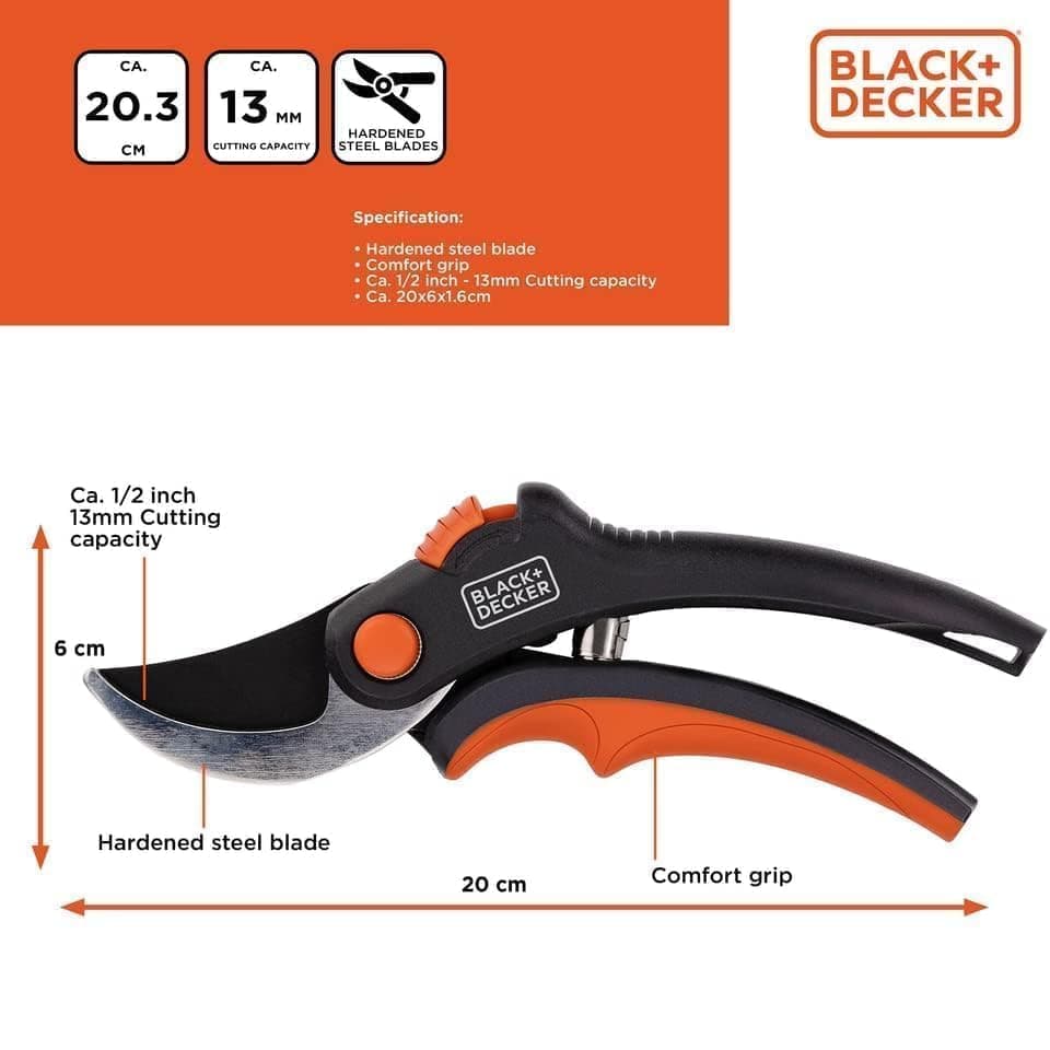 BLACK+DECKER Garden Shears - Wood Scissors - Garden Secator with Hardened Steel Blades - Branches with a Diameter of 13 mm - Size 20.3 cm - Steel - Black/Orange - Image 6