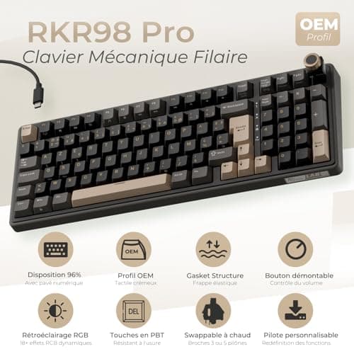 RK ROYAL KLUDGE R98 Pro Wired Mechanical Keyboard, Gamer Keyboard, 96% AZERTY Gaming Keyboard, RGB Backlight, PBT Keys, Gasket Structure, Volume Wheel, Hot Swap Switch Creamy Linear Pre-Lubricated - Image 3
