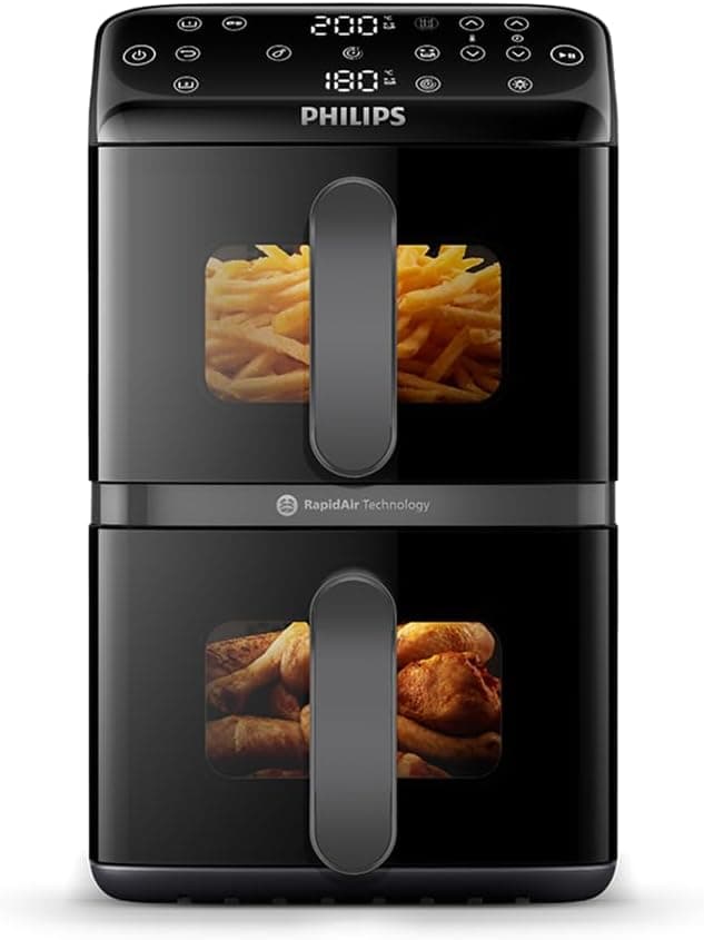 Philips Airfryer 4000 Series - Air Fryer VerticalDuo, 10L, RapidAir, 13 Cooking Modes, Synchronization, 45% Space Saving, Ceramic Coating PFAS Free, Cooking Windows, Black (NA460/00)