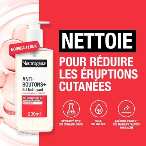 Neutrogena – Gel Nettoyant Anti-Boutons + Acide Salicylique + 2% PHA (200 ml) – Soin visage anti-boutons non comédogène et non gras – Nettoyant visage pour peaux à tendance acnéique sans parfum - Image 3