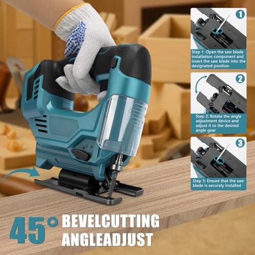 Scie Sauteuse Sans Fil compatible avec Makita 18V batteries, pour la Coupe du Bois, vitesse variable, coupe à onglet 0-45°, 6 lames incluses pour bois(sans batterie) - Image 5