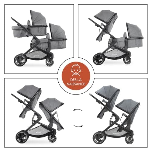 hauck Atlantic Twin Double Stroller - From Birth up to 15 kg per Child - 2 Carrycot Convertible to Reclining Seats - Foldable - Height Adjustable - Rubber Wheels, Heather Grey - Image 6