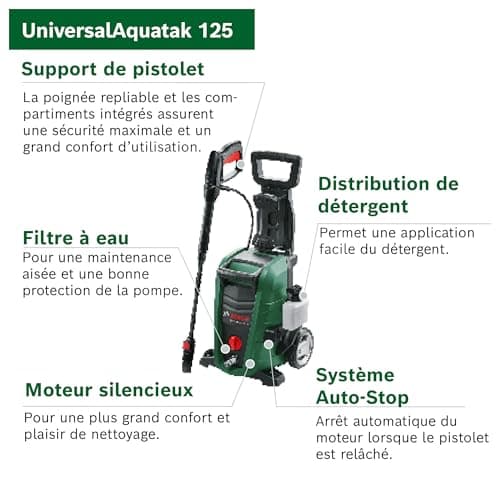 Bosch High Pressure Washer UniversalAquatak 125 (2 Nozzles, Transparent Water Filter, High Pressure Gun, 5 m Hose, 5 m Cable, Cardboard, 1500 W, Pressure: 125 Bar, Maximum Flow Rate: 360 l/h) - Image 4