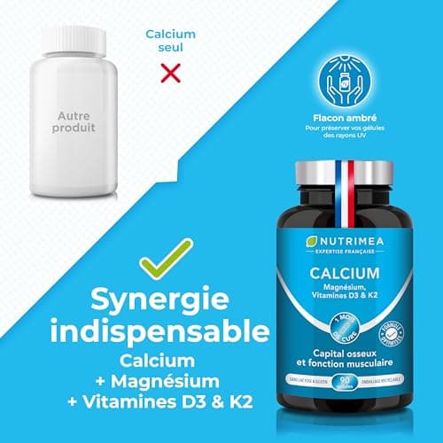 Calcium, Magnesium and Vitamins D3 & K2 - Bone Health Complex - Strengthens Bones and Muscles - Supports Bone Density - 90 Vegan Capsules - Nutrimea - Made in France - Image 5