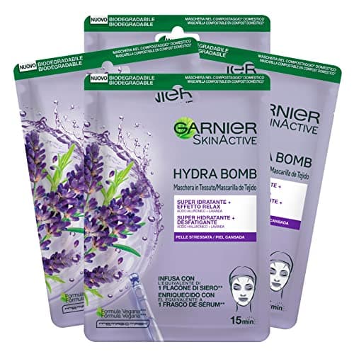 Garnier SkinActive Hydra Bomb Super Moisturizing Relaxing Fabric Face Mask Vegan Formula with Lavender and Hyaluronic Acid Relaxing for Stressed Skin 4 Disposable Masks - Image 3