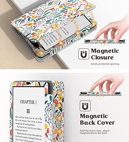 MoKo Étui Compatible avec 7"/6,8 Pouces Kindle Paperwhite(12e Gén. 2024/11e Gén. 2021), Coque de Protection avec Dragonne, Auto Réveil/Veille pour Kindle Paperwhite Édition Signature, Fleur - Image 7
