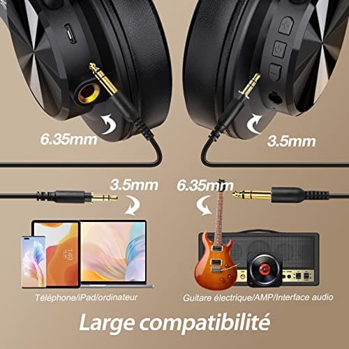 OneOdio Casque Bluetooth sans Fil BT5.2 avec 72 Heures A70, Réduction de Bruit CVC 8.0, 3 Câbles, Léger Confortable, Pliable, Partage de Musique, Compatible Téléphone, DJ, Piano, Guitare (Noir) - Image 8