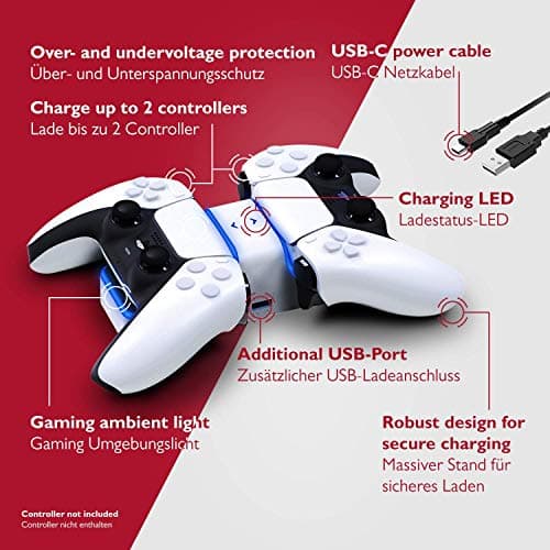 Lioncast PS5 Controller Charger - Dual Charging Station Compatible with Dualsense Wireless Controllers for Sony Playstation 5 Console - Red/Blue LED, Additional USB Port for Accessories - Image 3