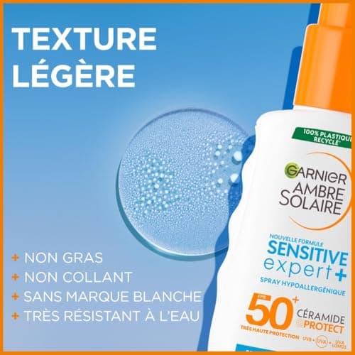 GARNIER Ambre Solaire Sensitive Expert+ - Spray Protection Solaire FPS 50+ - Protège des UVA, UVB Et UVA Longs - Résiste à L'eau - Enrichi en Céramides - Tous Types de Peaux - 150 ml - Image 7