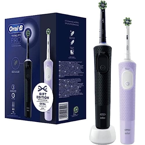 Oral-B Vitality Pro Lot de 2 brosses à dents électriques avec 2 brosses de rechange, 3 modes de nettoyage pour soins dentaires, cadeau pour homme/femme, conçu par Braun, noir/violet - Image 3