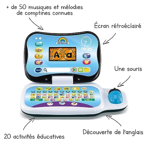 VTech - Ordi Genius Pro Black, Children's Laptop with Backlit Screen, Mouse, 20 Evolutionary Games, Educational Toy, Gift for Children from 3 to 7 Years - Content in French and English - Image 3