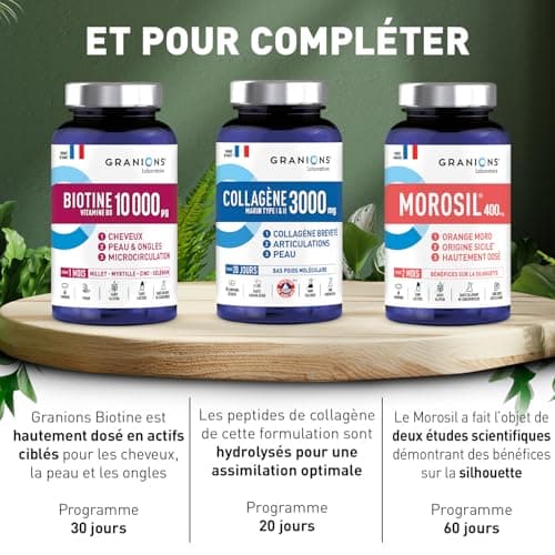 Biotin 10,000 µg GRANIONS, Food Supplement Hair, Skin, Nails - Vitamin B5, Biotin Millet, Cystine, Blueberry, Zinc, Selenium, Methionine - Vegan, Gluten Free, 60 Tablets Made in France - Image 8