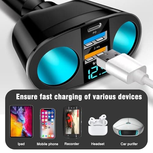 USB Car Cigarette Lighter Charger, Double Cigarette Lighter Socket 12 V, 20 W Quick Charge 3.0 Dual USB Car Charger with LED Voltmeter for Mobile Phone GPS Dash Cam and More - Image 4