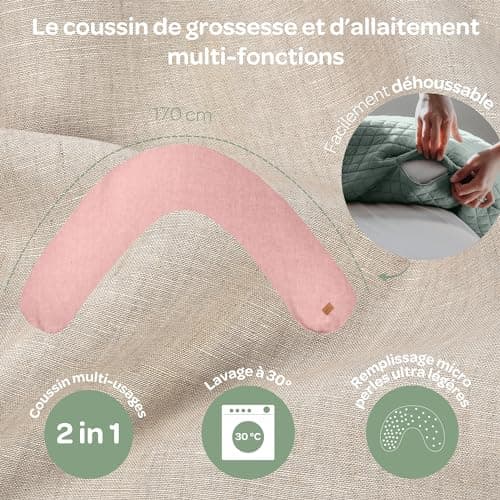 Béaba, Big Flopsy, Nursing Pillow, Pregnancy Pillow, Multi-Function, Suitable for Sleeping/Nursing, Support, Hypoallergenic, Relaxation, Optimal Comfort, Soothing Night, Linen, Oekotex, Pink - Image 4