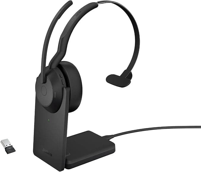 Jabra Evolve2 55 Mono Wireless Headset with Charging Base, Jabra Air Comfort, Noise Cancelling Mics and ANC Works with UC Platforms such as Zoom and Google Meet - Black