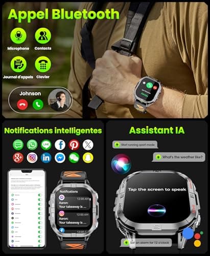 GPS Men's Smart Watch, 2.13 Inch AMOLED Military Smartwatch with LED Torch/Compass/100+ Sports Modes/580 mAh Battery/Health Monitoring/Bluetooth Calls for Android iOS (Black) - Image 7