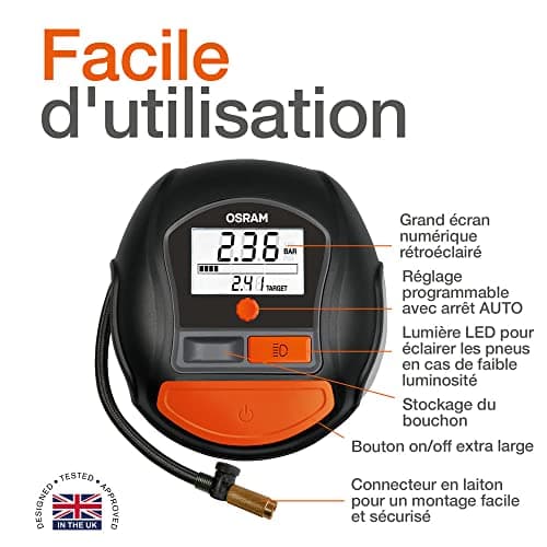 OSRAM TYREinflate RAPID, Digital and Portable Compressor, Auto Shut-Off, LED Light, Programmable, Electric Air Pump for Tyres, 12V Connection, Tyre Inflation in 2 Minutes - Image 5