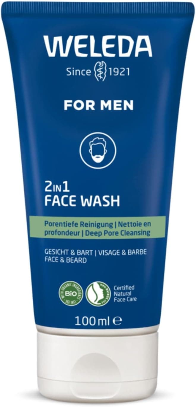 WELEDA - Gel nettoyant 2en1 visage et barbe Homme - Nettoie en profondeur, prévient les impuretés et réduit l'excès de sébum - NATRUE* - Vegan*** -100 ml