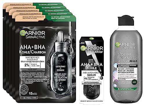 Garnier SkinActive Black Skin Routine Kit de soin du visage avec 5 masques noirs, tonique micellaire et sérum AHA BHA pour un teint plus uniforme sur les peaux normales ou à imperfections - Image 2