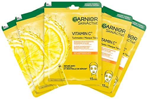 Garnier SkinActive Lot de 5 masques hydratants pour peaux sensibles à l'acide hyaluronique et à la vitamine C pour une peau rayonnante et un effet brillant - Image 2