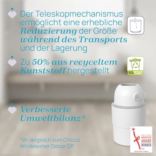 Chicco Telescopic Nappy Bin, Compact Odour Proof, Nappy Disposal, Foldable and Space-Saving Bin, No Need for Refills, Uses Normal Bin Liners, White - Image 7