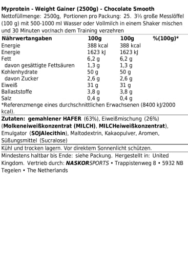 MyProtein Impact Weight Gainer Food Supplement Chocolate Smooth 2500g - Image 3