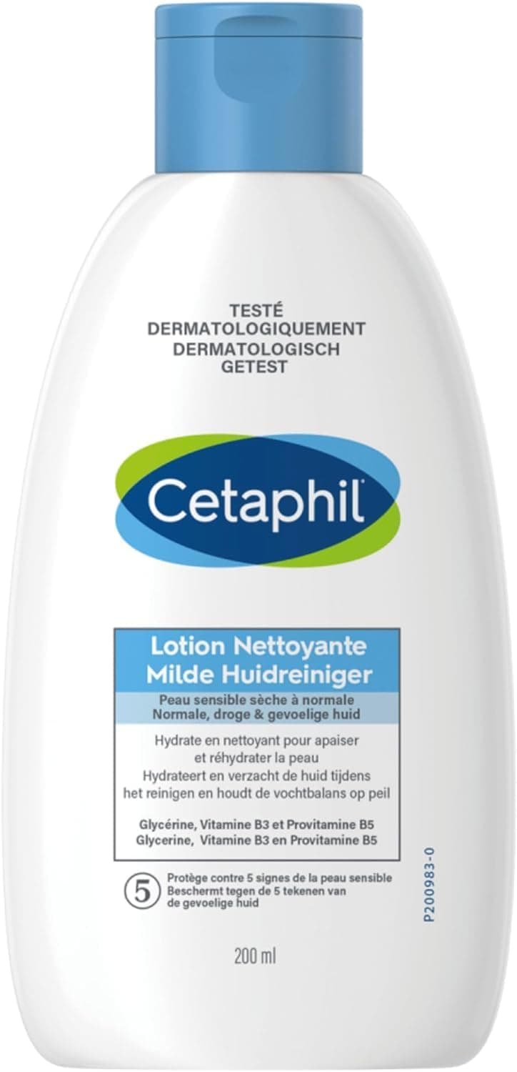 Cetaphil Cleansing Lotion, 200 ml, Face and Body Cleansing Lotion, Dry to Normal Sensitive Skin, Niacinamide, Panthenol and Gycerin Moisturizing, Soap Free