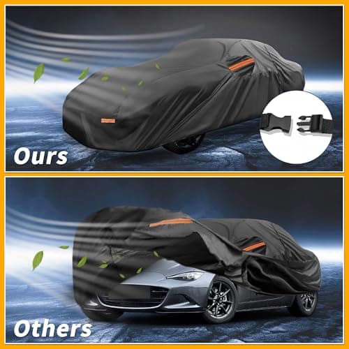 All Weather Waterproof Car Cover for Automobile Outdoor Anti-UV Sun and Rain Protection for Mazda MX-5 Miata 190T-Pu Black Reflective Strips - Image 6