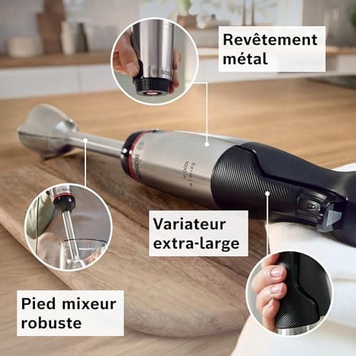 Bosch, mixeur plongeant, ErgoMaster Série 6, moteur 1000 watts refroidi par air, variateur de vitesse extra large, système de mixage QuattroBlade System Pro, accessoires inclus, MSM6M673 - Image 7