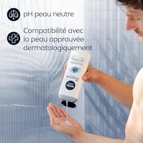 NIVEA MEN Gel Douche Sensitive effet 3 en 1 (1 x 500 ml), gel douche homme pour peau sensible, nettoyant doux pour corps, cheveux et visage, soin lavant à l'extrait de bambou - Image 6
