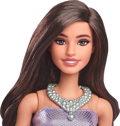 Barbie Fashionistas Brown Barbie Doll in Purple Sequin Puff Dress with Satin Skirt Necklace and Silver Heeled Sandals HYT92 - Image 4