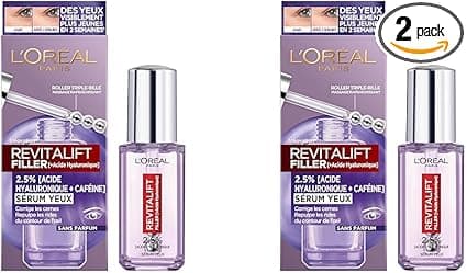 L'Oréal L'Oréal Paris - Eye Serum - Anti-Wrinkle, Anti-Puffiness & Concealer - With Pure Hyaluronic Acid and Caffeine - Innovative Triple-Ball Tip - Revitalift Filler - 20 ml (Pack of 2)
