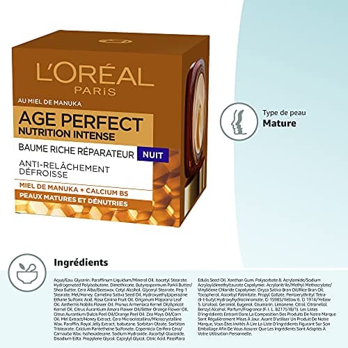 L'Oréal Paris Anti-Aging Night Cream - Rich Repairing Balm - Concentrated with Manuka Honey & Calcium B5 - For Undernourished Mature Skin - Intense Nutrition - Age Perfect - 50 ml - Image 8