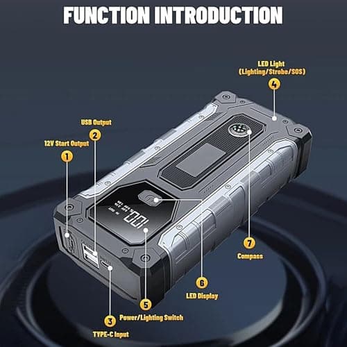 Démarreur de batterie de voiture – Booster d'alimentation 12 V, chargeur de véhicule portable, démarre en toute sécurité automobile, SUV, camion, camping-car, appareil multifonction pour smartphone et - Image 7