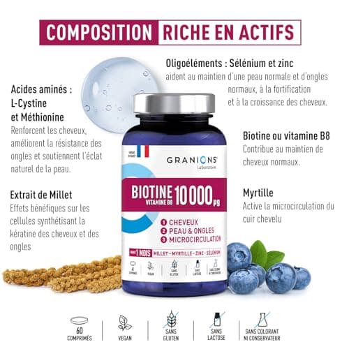 Biotin 10,000 µg GRANIONS, Food Supplement Hair, Skin, Nails - Vitamin B5, Biotin Millet, Cystine, Blueberry, Zinc, Selenium, Methionine - Vegan, Gluten Free, 60 Tablets Made in France - Image 5