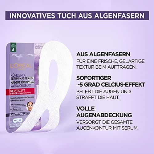 L'Oréal Paris - Eye Serum Tissue Mask - Moisturizing Anti-Wrinkle & Concealer for Eye Contour - With Pure Hyaluronic Acid and Caffeine - Revitalift Filler - 11g (Pack of 5) - Image 5
