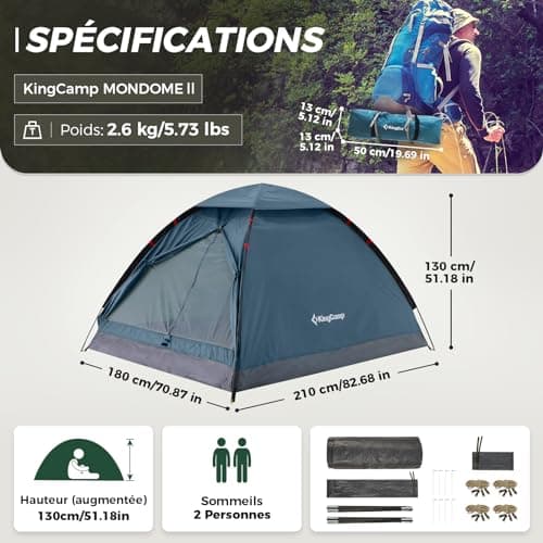 KingCamp MONDOME II Camping Tent for 2 Persons, Ultralight Waterproof Compact Backpackable Dome Tent Ideal for Camping, Trekking and Outdoor, Blue - Image 3