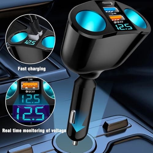 USB Car Cigarette Lighter Charger, Double Cigarette Lighter Socket 12 V, 20 W Quick Charge 3.0 Dual USB Car Charger with LED Voltmeter for Mobile Phone GPS Dash Cam and More - Image 5